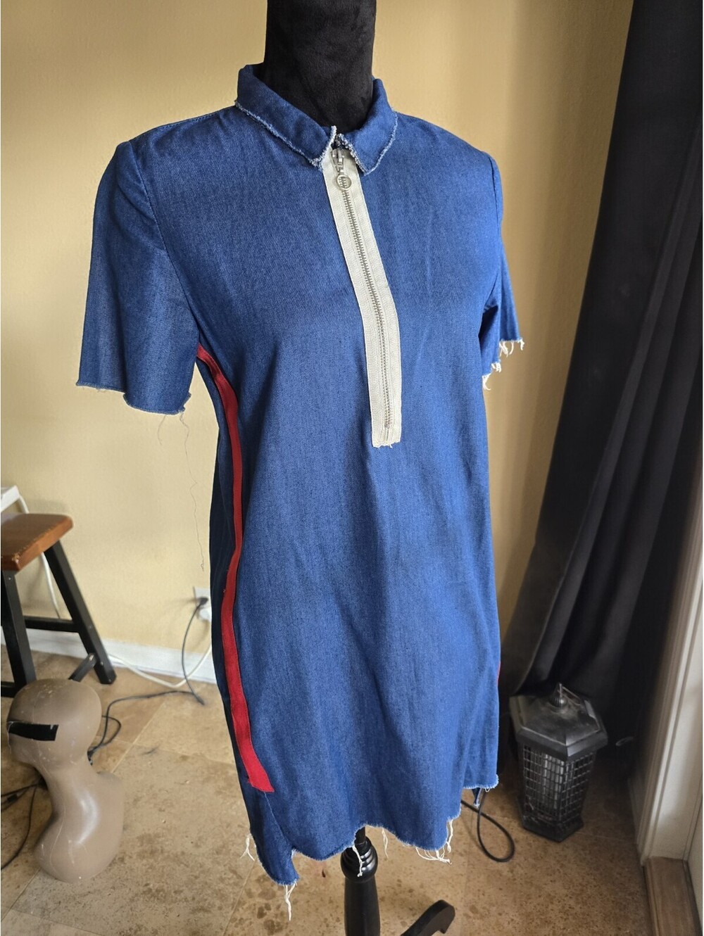 ZARA Trafaluc Blue Denim Zip Front Collared Shift Short Sleeve Dress sz S